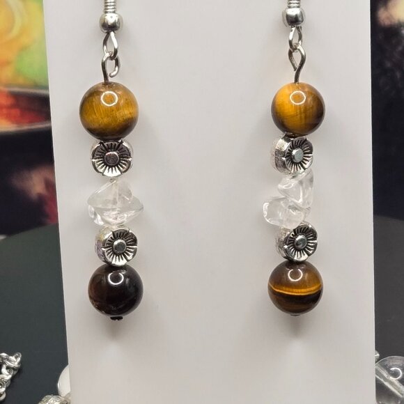 Tiger's Eye Clear Quartz Gemstone Beaded Flower Charm Jewelry Set - Picture 3 of 8